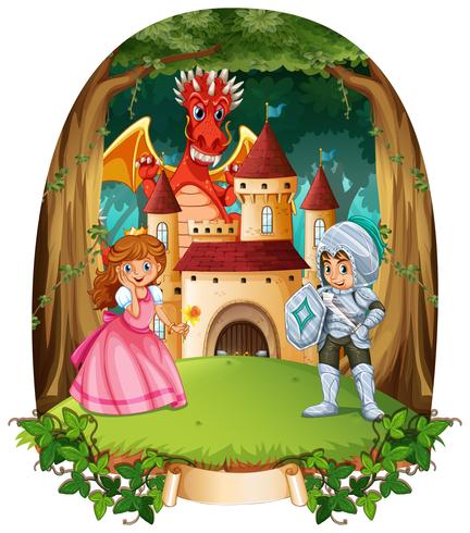 Escena de cuento de hadas con príncipe y princesa vector