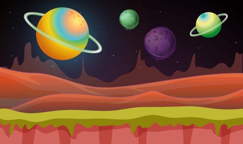 Escena de fondo con muchos planetas en galaxia vector