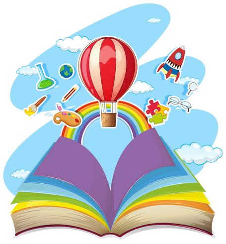 Colorful book with balloon in the sky vector