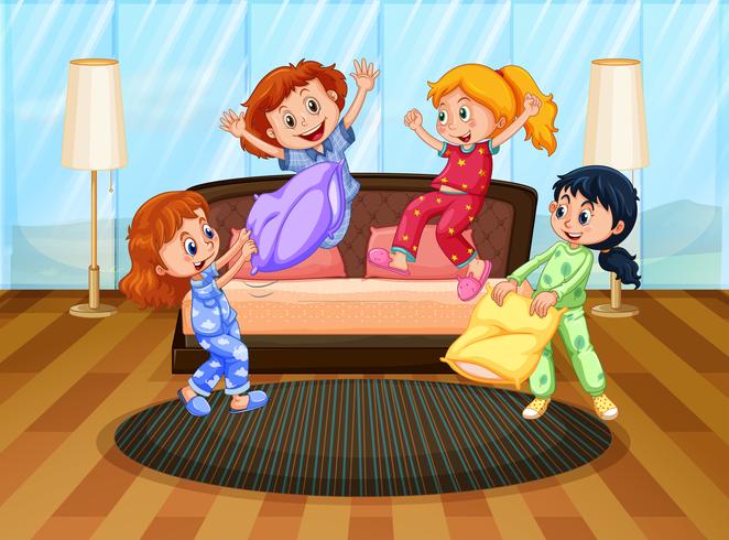 Four girls in pajamas playing with pillows vector