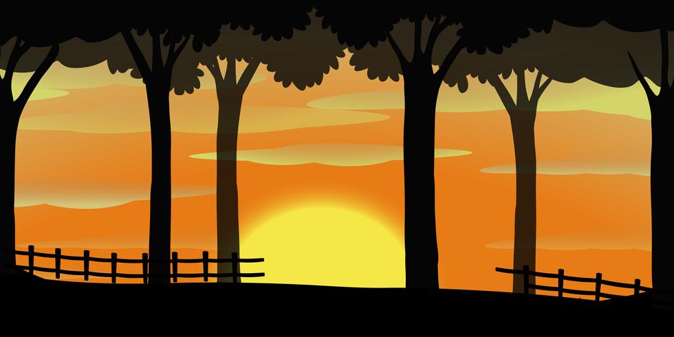 Silhouette scene with sunset in orange sky vector