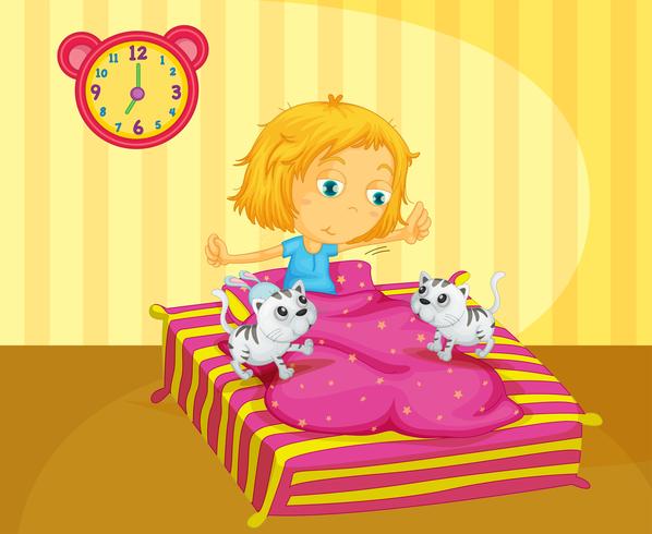 A girl waking up at the bed with two kittens  vector