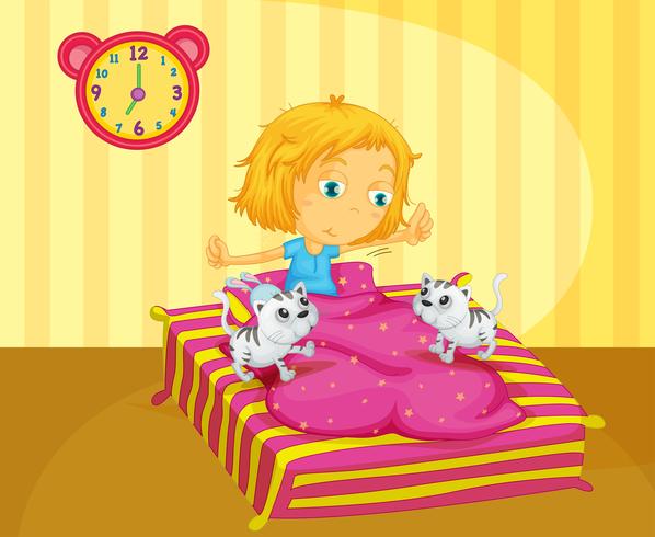 Una niña despertándose en la cama con dos gatitos. vector