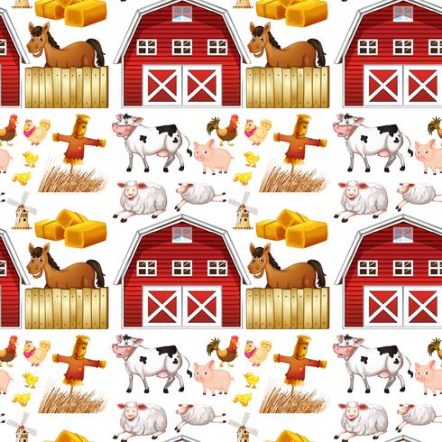 Animales de granja sin fisuras y granero rojo vector