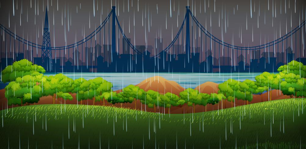 Background scene with raining in the park vector