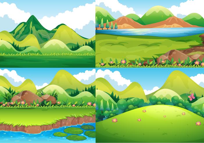 Cuatro escenas de fondo con campo verde y río. vector