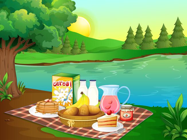 Desayuno en colchoneta junto al río. vector