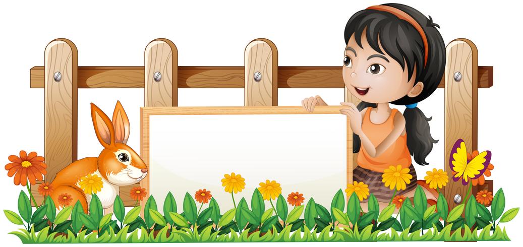 A girl holding a white board with a rabbit inside the wooden fence vector