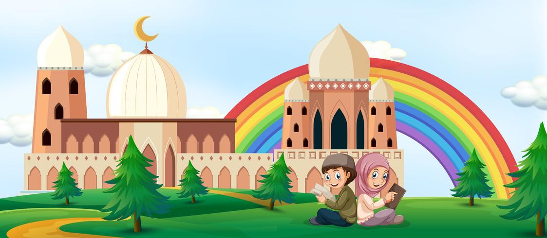 Boy and girl reading book with mosque background vector