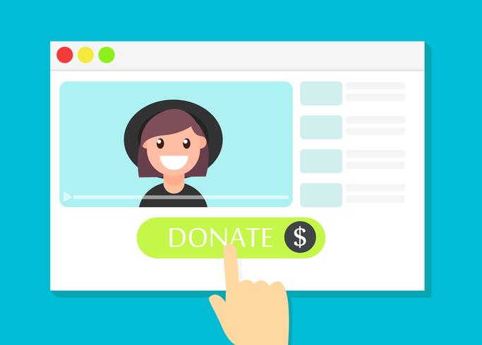 The browser window with the Donate button. Money for videobloggers. Vector flat illustration