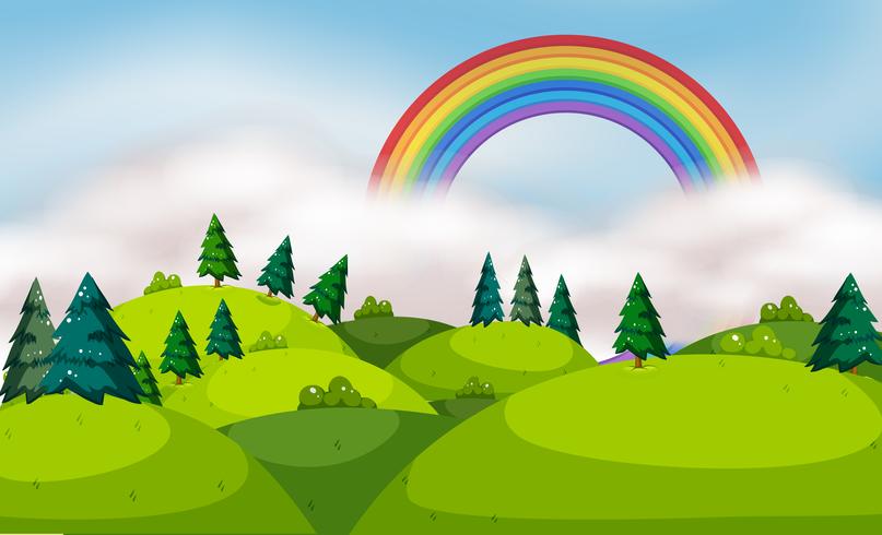 Un hermoso paisaje de montaña y arco iris vector