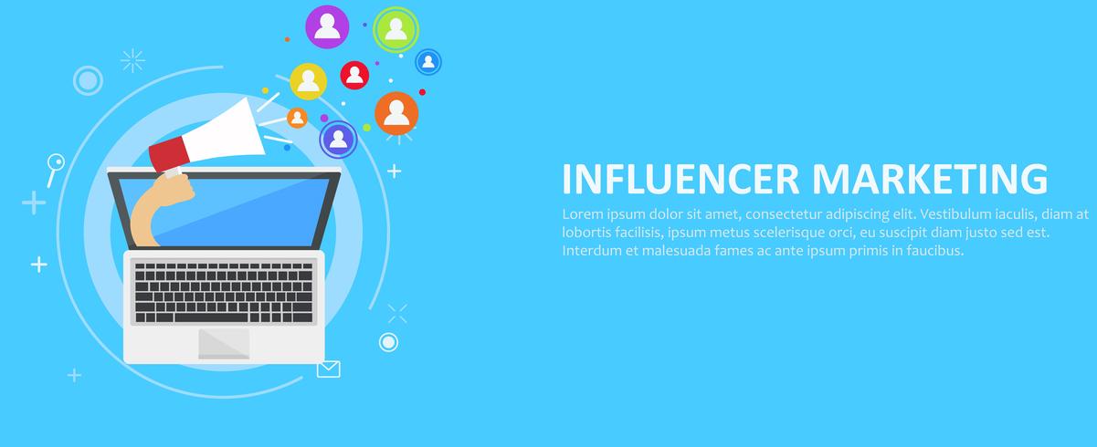 Influencer marketing banner. From the computer comes out a hand with a magnet, calling users. Vector flat illustration