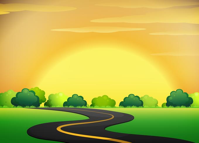 Carretera con paisaje de cielo dorado vector