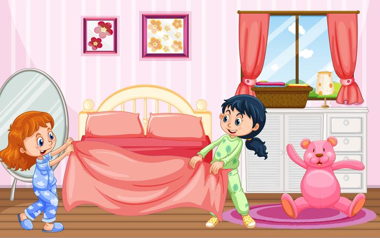 Girls in Pajamas Making Bed vector