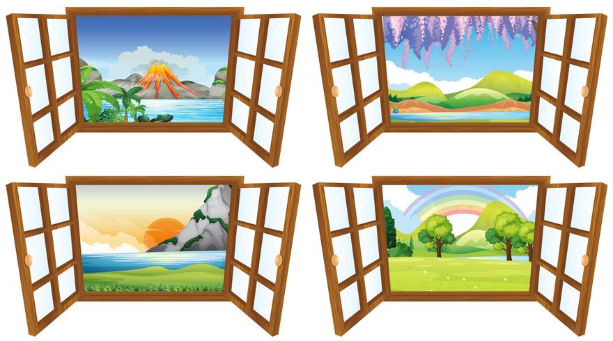 Cuatro escenas de la naturaleza a través de la ventana. vector