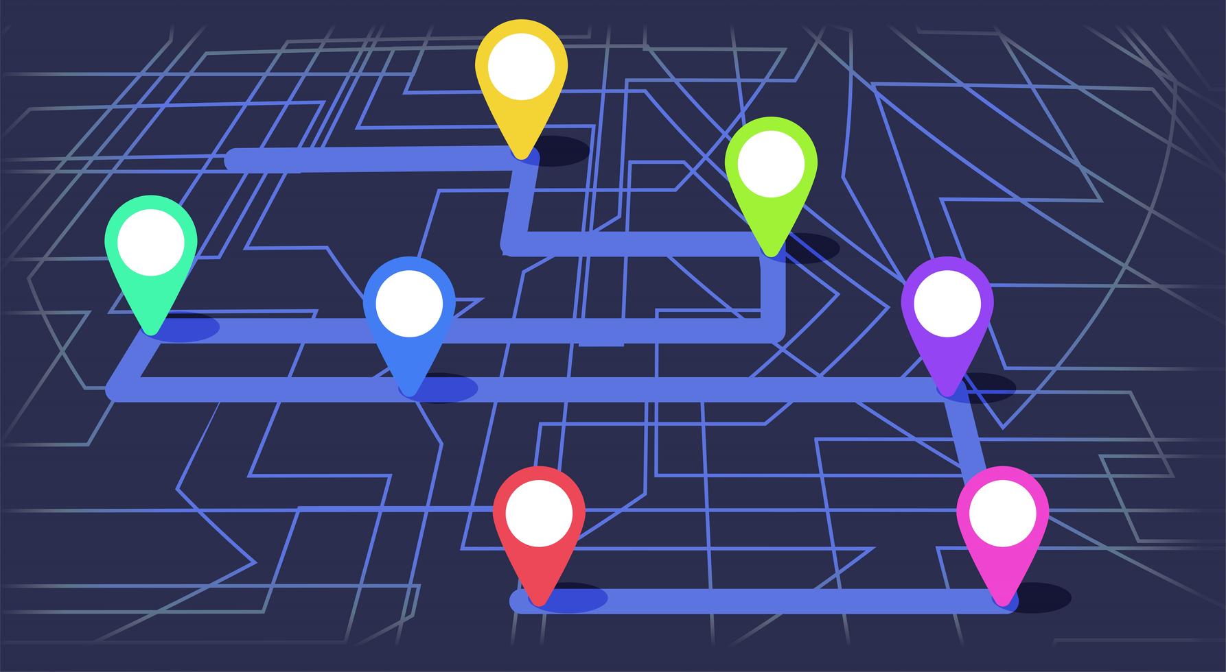 Digital map with colorfull seven points. The way of city navigation 