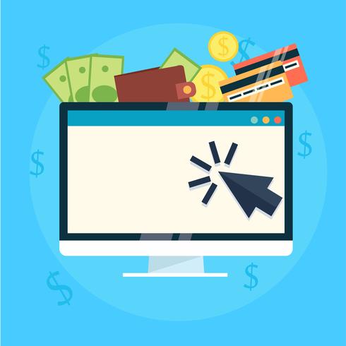 Pay per click banner. Computer with money. Vector flat illustration