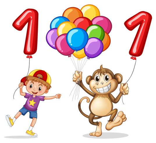 Boy and monkey with balloon for number one vector