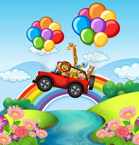 Wild animals riding on red jeep over river vector