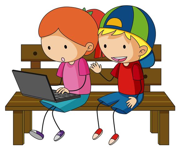 Two kids working on laptop computer vector