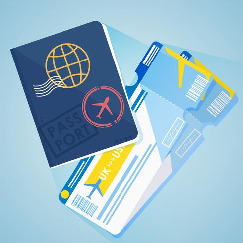 Foreign Passport Two airplane tickets. Illustration of a flight to another country. Travel agency. Vector flat banner