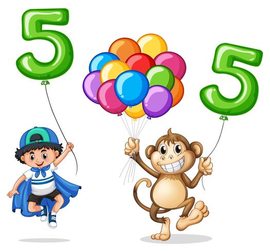 Niño y mono con globo numero cinco vector