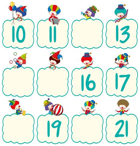 Math worksheet template with clowns and numbers vector
