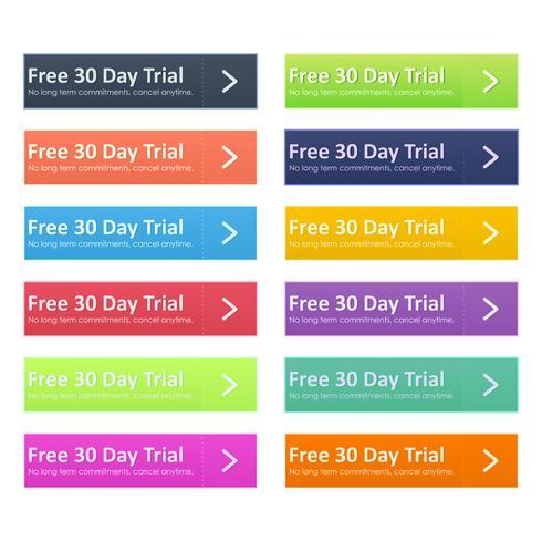 Set of multicolored button for website design. Free trial day. No long term commitments, cancel anytime. Vector flat