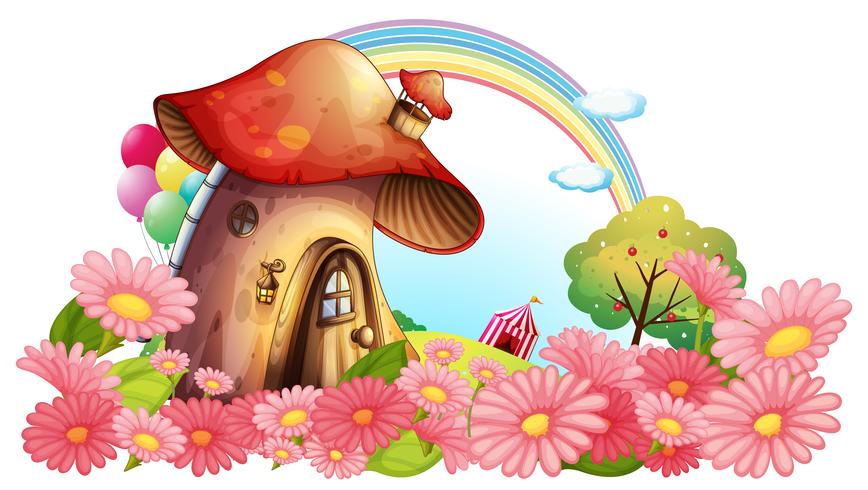 A mushroom house with a garden of flowers vector