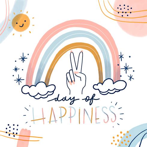 Cute Rainbow With Peace Hand, Sun Characte, Abstract Shapes And Quote About Happiness vector