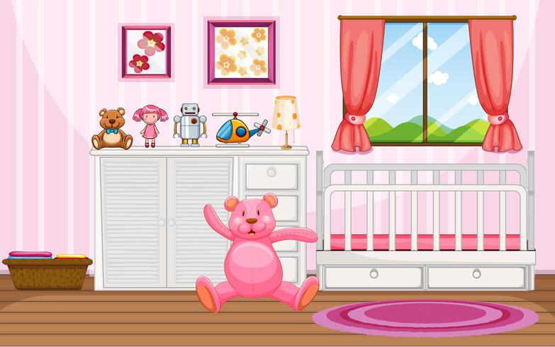 Bedroom scene with pink teddybear and white crib vector