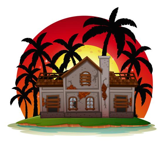 Haunted house on island at sunset