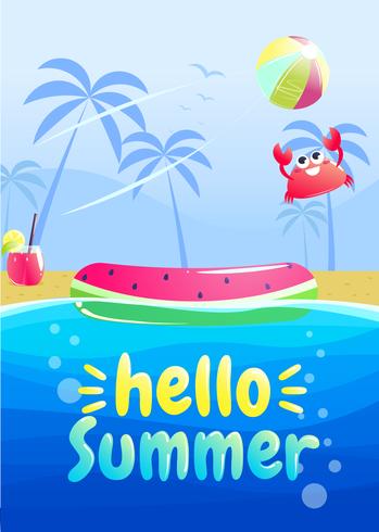 Hola diseño de banner fiesta de verano. Piscina en el parque acuático. Ilustración vectorial de dibujos animados vector