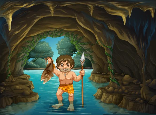 Caveman and  fish vector