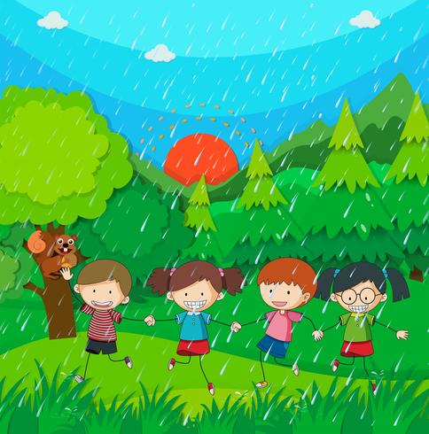 Escena de lluvia con niños en el parque vector