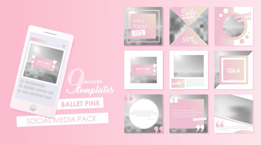 Social media banner template for your blog or business. Cute pastel pink designs for photo. Vector flat set