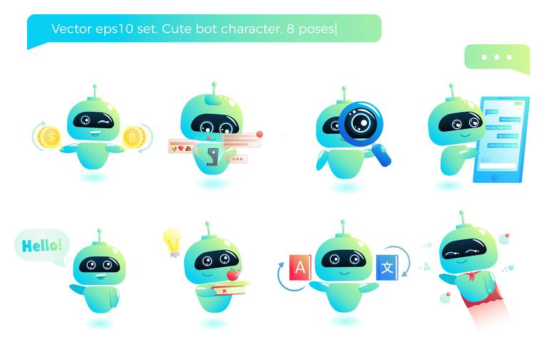 Cute bot character set. Chatbot greets. Online consultation. Vector cartoon illustration