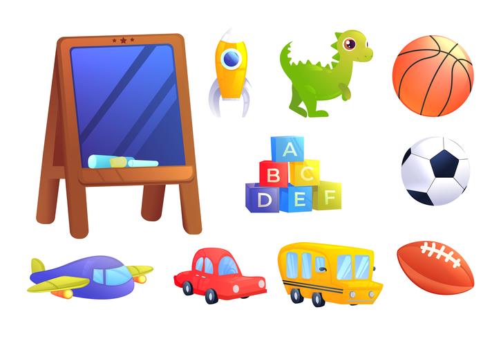 Set de juguetes infantiles. Un coche, un autobús, un avión, un dinosaurio, cubos con letras del alfabeto, una pelota deportiva para juegos de niños y un consejo escolar. . Ilustración vectorial de dibujos animados vector