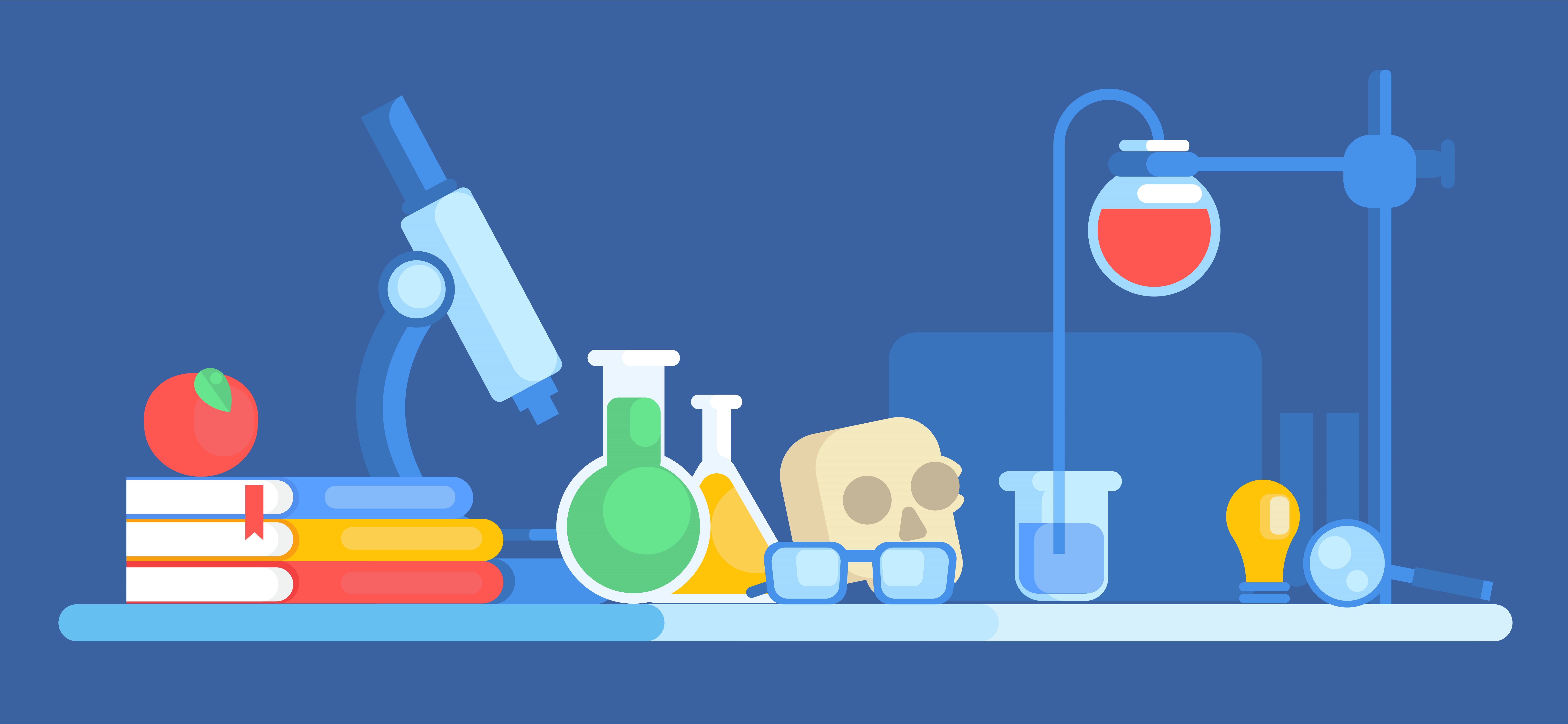 Science banner. Chemical laboratory, skull, books, apple, glasses ...