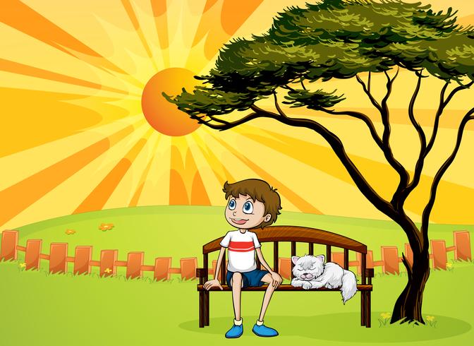 A boy and a cat sitting on a bench vector
