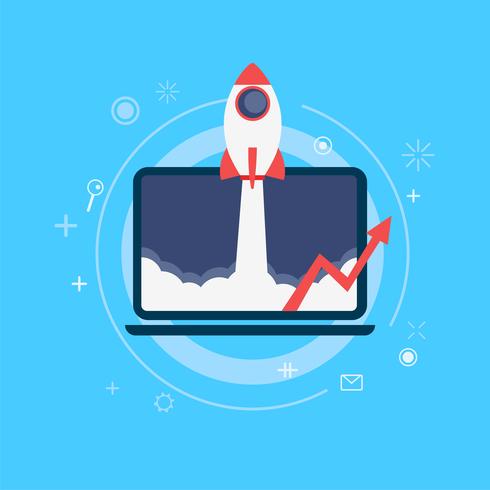 Startap Rocket and graphics are taken off the computer. Banner. Vector flat illustration