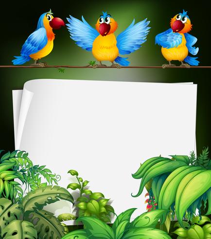 Paper design with three parrots on branch vector