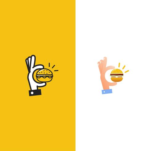 Deliciosa hamburguesa. De la mano con una hamburguesa pequeña. Logotipo para restaurante o cafetería. Ilustración vectorial vector