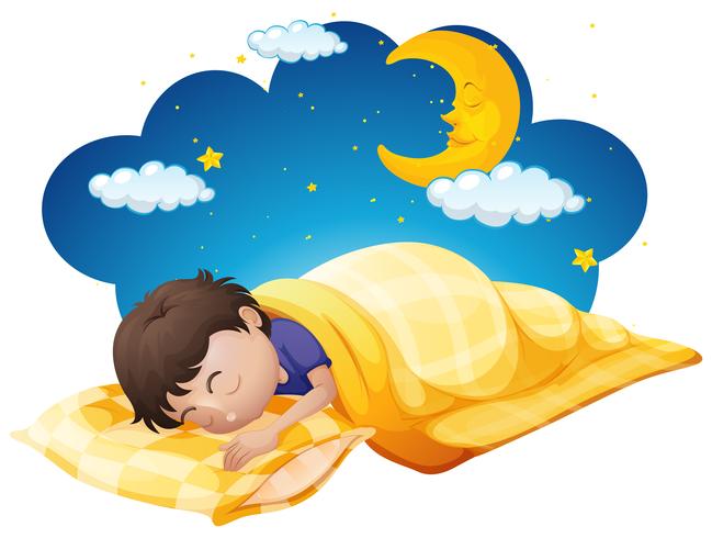 Boy in yellow bed at night time vector