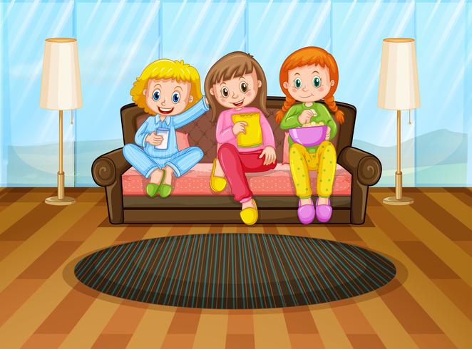 Three girls eating snacks in living room vector