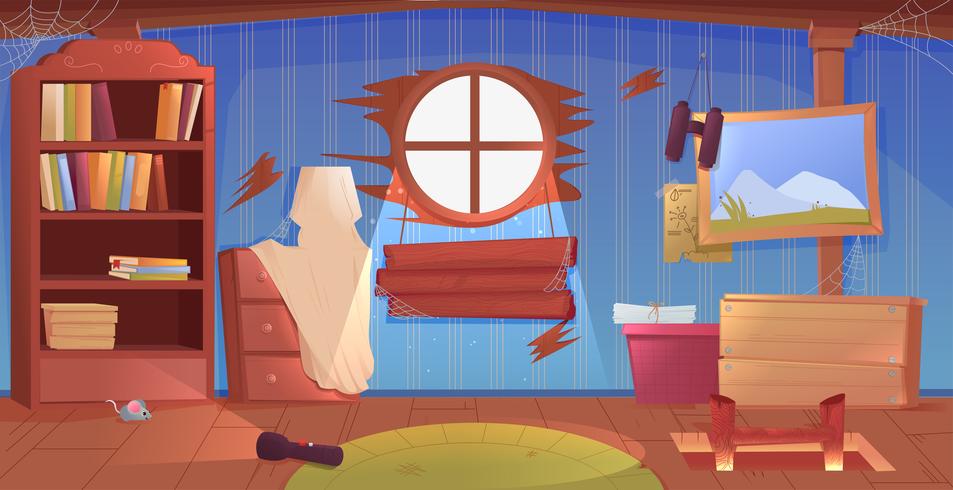 The interior of the attic. An old forgotten room with boxes on the roof. Lamp and pictures and stairs to the top. Vector cartoon illustration