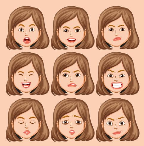 Conjunto de cabeza de niña con expresión facial diferente. vector