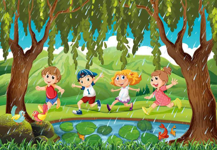 Escena de lluvia con niños en el bosque vector