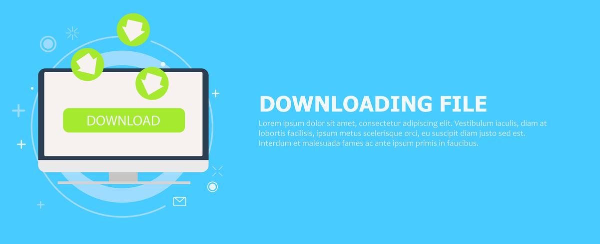 Downloading file to computer banner. The green arrows going to the monitor. Vector flat illustration