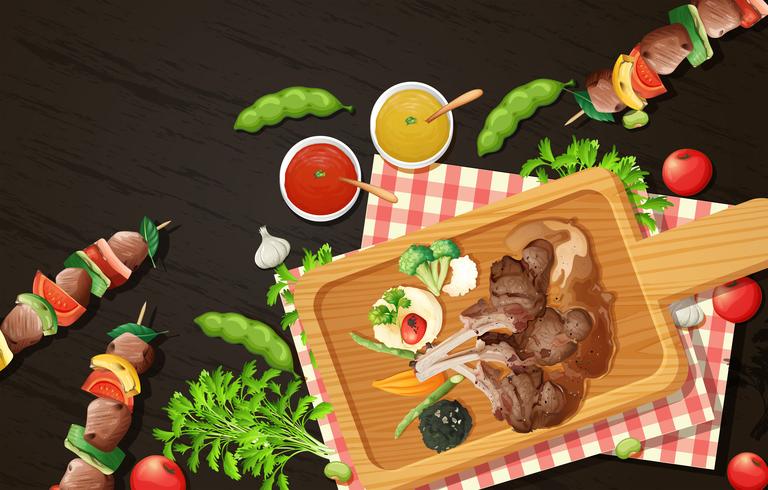 Grilled Lamb Chops and Barbecue on Wooden Board vector